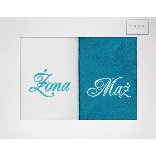 Komplet ręczników w pudełku Mąż Żona Eurofirany biały/turkus