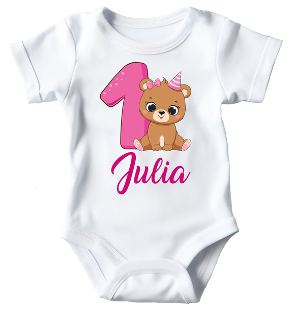 Body krótki rękaw "1 urodziny ROCZEK różowa jedynka" Moocha biały