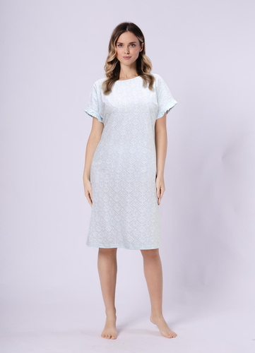 Bawełniana koszula nocna damska 1730 Clea Leveza | Orientalny wzór, falbankowy rękaw | Komfortowa koszula nocna przed kolano