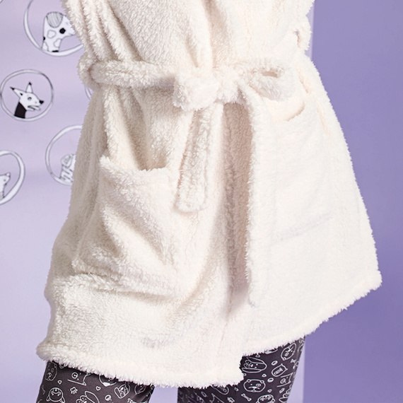 Igrid Sorbetto – szlafrok damski biały sherpa z kapturem misia i kieszeniami