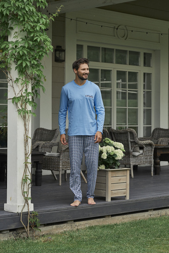 Piżama Męska długi rękaw, długie spodnie Jaromir Italian Fashion - niebieski/druk