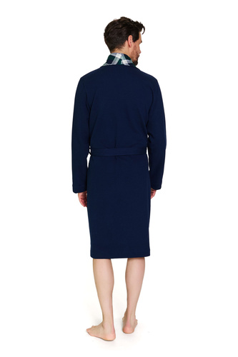 Męski bawełniany szlafrok granatowy z kieszeniami i kratką – Doctor Nap 7366 - navy blue
