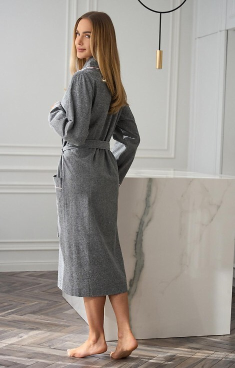 Szlafrok Coco 2530 L&L szary – długi, damski, bawełniany, z kołnierzem