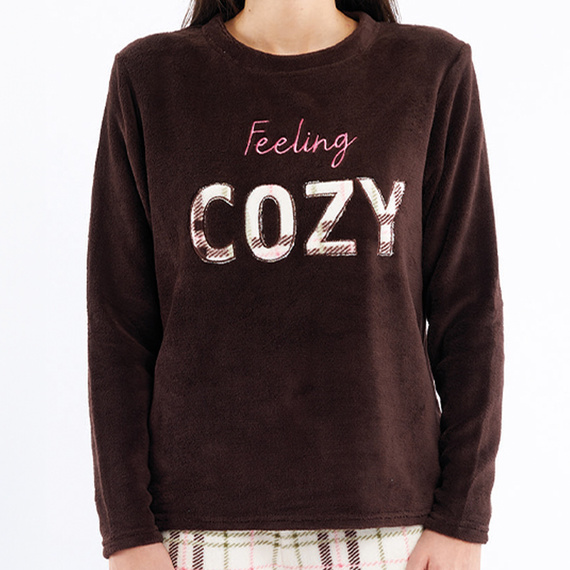 Liliana Sorbetto brązowa – piżama damska polarowa w kratę z haftem