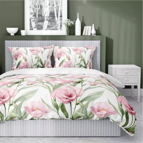 Pościel satynowa Różowe kwiaty na białym tle 5328 A Detexpol  