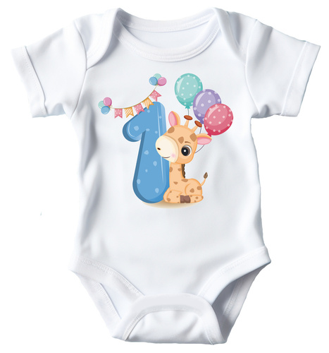 Body krótki rękaw "ROCZEK dla dziewczynki/chłopca z żyrafą i jedynką" Moocha biały