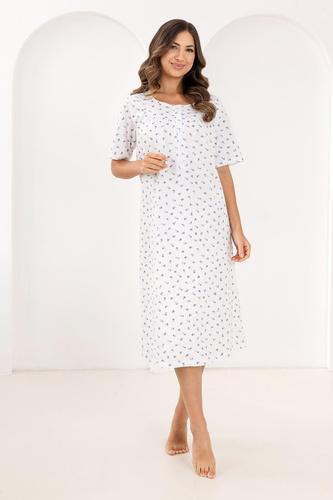 Koszula nocna 019 Regina niebieska   – bawełniana, zapinana na guziki, z delikatnym marszczeniem i krótkim rękawem 