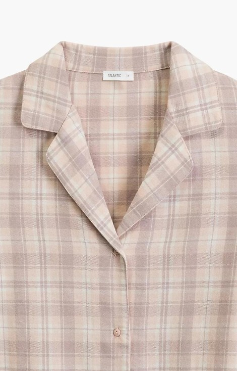 Piżama damska Atlantic NLP-505 lawenda – flanela, rozpinana, w kratkę, długi rękaw, 100% bawełna