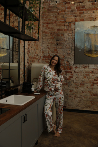 Spodnie piżamowe 86679 Marcella Mewa druk w kwiaty