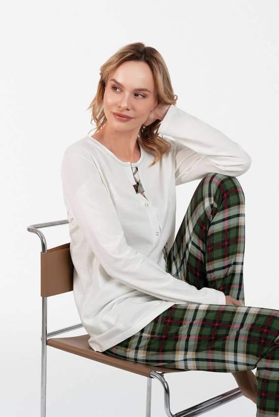 Piżama Damska rozpinana długi rękaw, długie spodnie Asama Italian Fashion ecru/druk