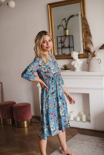 Sukienka ciążowa i do karmienia Lovely Dress Midi rękaw 3/4 Milk&Love błękitna w kwiaty