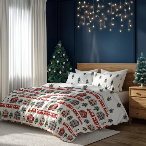 Scandic 068 Scandic Faro biała granatowa renifery  – pościel świąteczna dwustronna, bawełna 100%, komplet