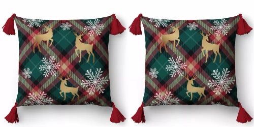 5381 A Christmas Deco Detexpol renifery i śnieżynki na tle kratki– poszewka dekoracyjna świąteczna 45x45, Panama, zamek błyskawiczny