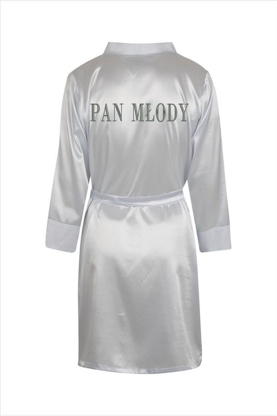 Szlafrok męski satynowy Pan Młody ByShelly - biały/srebrny