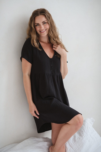 Koszula nocna ciążowa i do karmienia muślinowa Aurora Milk&Love czarny 