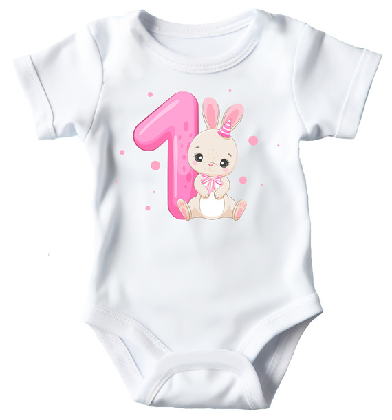 Body krótki rękaw "ROCZEK dla dziewczynki, króliczek jedynka" Moocha biały
