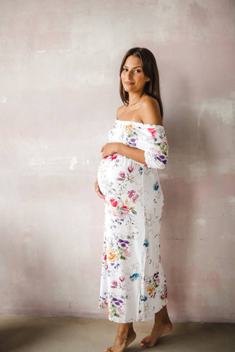 Two Ways LONG Sukienka do karmienia ciążowa krótki rękaw Milk&Love biała w kolorowe kwiaty