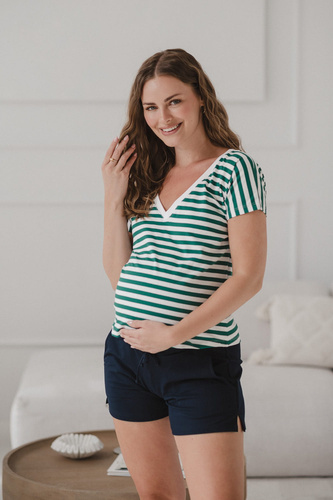 Bluzka Two Ways — ciążowa i do karmienia, dwustronna, krótki rękaw Milk&Love zielono-białe paski 