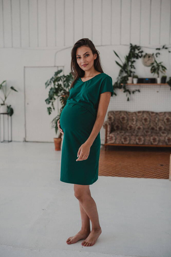 Koszula nocna ciążowa i do karmienia krótki rękaw Night & Day Milk&Love butelkowa zieleń