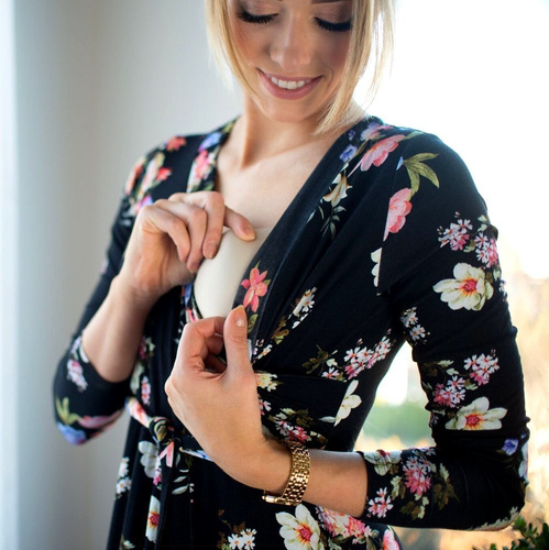 109 Wizytowa Sukienka z długim rękawem MIRACLE- granat w kwiaty 