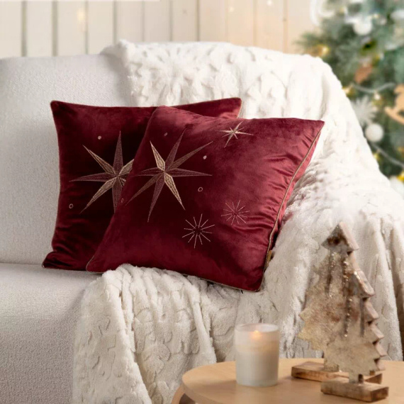 Eurofirany poszewka świąteczna CHP 259 – 45x45, bordowa z haftowaną gwiazdą, welwetowa