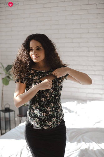 Bluzka do karmienia i ciążowa z krótkim rękawem Milk Shirt Milk&Love w listki na czarnym