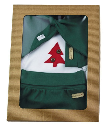 163040 Komplet czapka, body, apaszka i półśpioch "Magia Świąt" Nicol - zielony / choinka