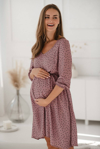 Sukienka ciążowa i do karmienia Lovely Dress rękaw 3/4 Milk&Love liliowa w czarne groszki