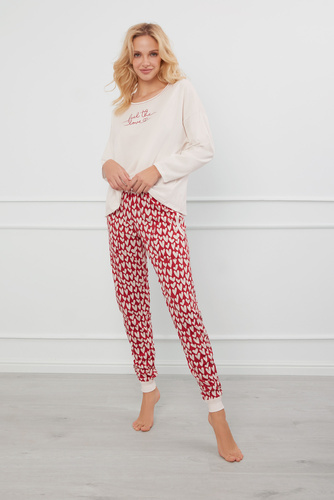 Piżama Damska długi rękaw, długie spodnie Evora Italian Fashion - ecru/druk