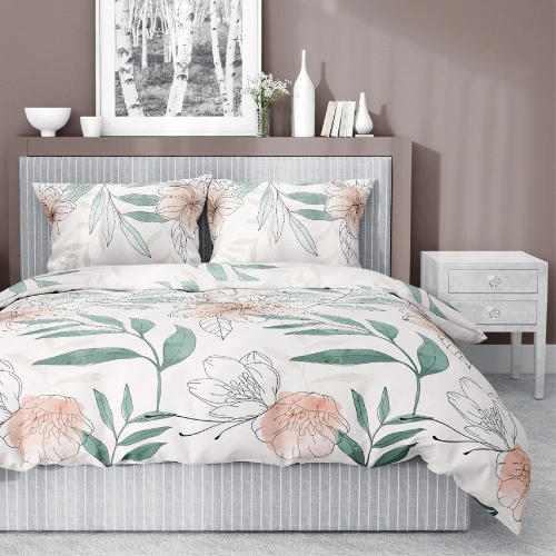 Pościel satynowa kwiaty 4457 A Home Satin Detexpol biały/zielony 