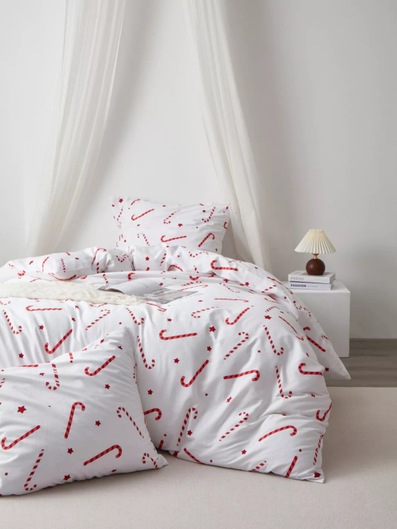 Świąteczna pościel satynowa z bawełny Candycanes Spod Igły i Nitki biała czerwona cukierki– gładka i elegancka