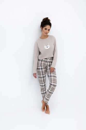 Sensis Tinsley – damska piżama bawełniana z nadrukiem i spodniami w kratkę