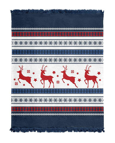 Koc świąteczny z frędzlami 100 JB renifery Detexpol granatowy/czerwony