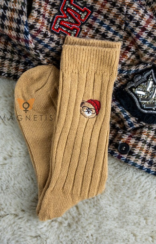 YN5041 Ciepłe skarpety damskie Magnetis 445 beige – prążkowane z haftem misia