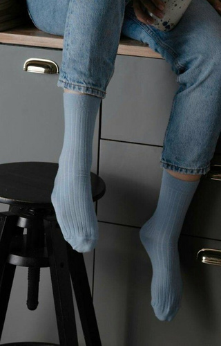 ART.130 Natural Merino Wool Skarpety damskie Steven błękitne  –prążek, bezszwowe, ciepłe