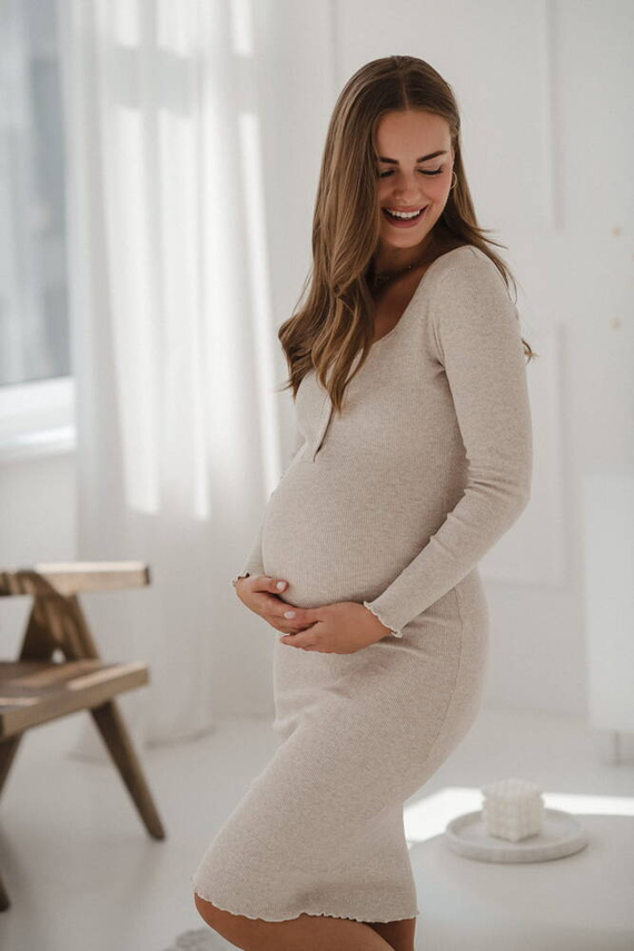 Sukienka ciążowa i do karmienia z dzianiny w prążek Tummy Milk&Love latte