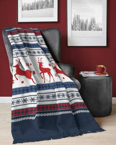 Koc świąteczny z frędzlami 100 JB renifery Detexpol granatowy/czerwony