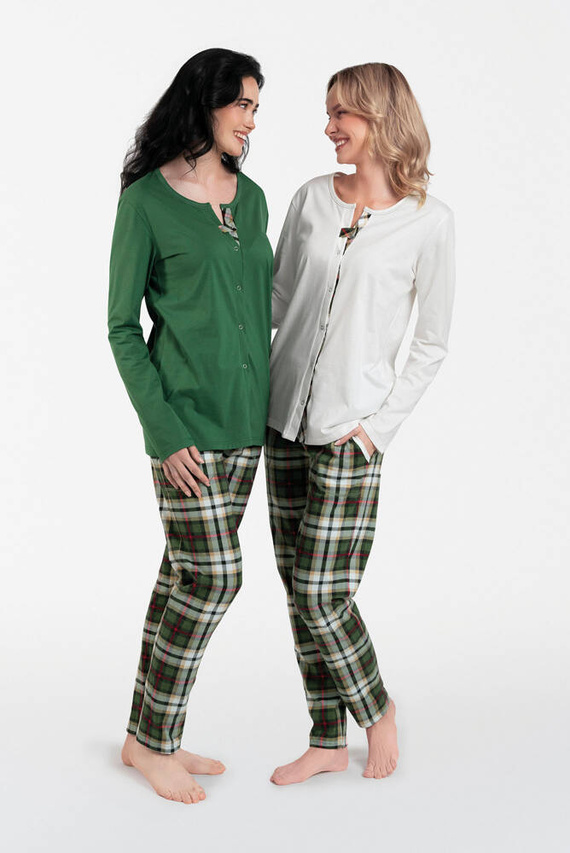 Piżama Damska rozpinana długi rękaw, długie spodnie Asama Italian Fashion ecru/druk