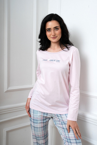 Piżama Damska długi rękaw, długie spodnie Glamour Italian Fashion - różowy/druk