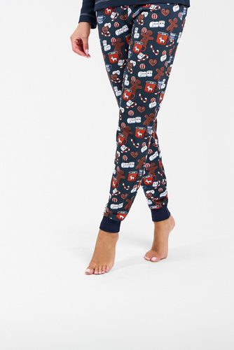 Piżama Damska długi rękaw, długie spodnie Makala Italian Fashion - granat/druk 