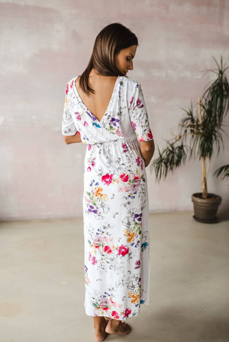 Two Ways LONG Sukienka do karmienia ciążowa krótki rękaw Milk&Love biała w kolorowe kwiaty