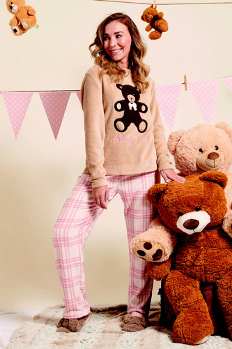 Madlen Sorbetto brązowa  – ciepła piżama polarowa z haftem i spodniami w kratkę