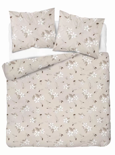 5632 A Detexpol Pastel Flowers beżowa w białe kwiaty i liście– pościel flanelowa bawełniana, miękka i przytulna