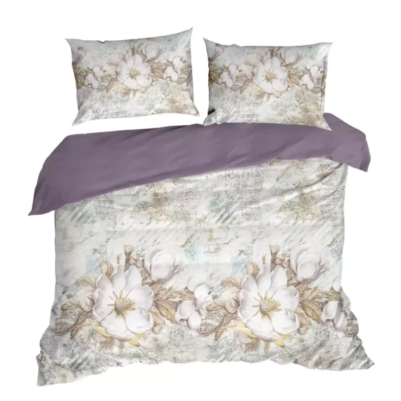 Pościel satynowa Spring 26 Kwiaty Eurofirany kremowy/fioletowy