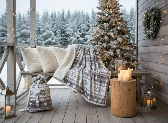 SACO Koc świąteczny 150x200 – szary, ciepły, miękki, z norweskim wzorem śnieżynek, w ozdobnym worku