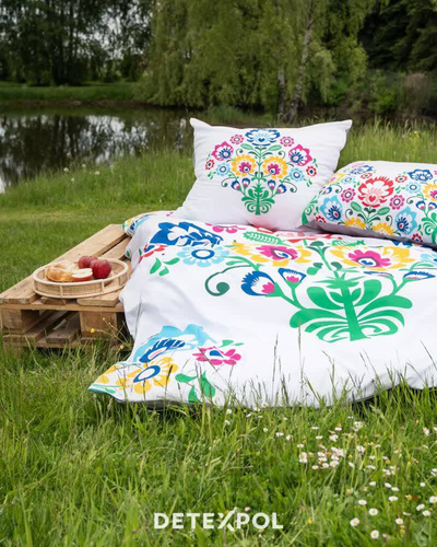 Pościel bawełniana Łowicka wycinanka 3612 A kwiaty kurpiowska Detexpol biały/szary