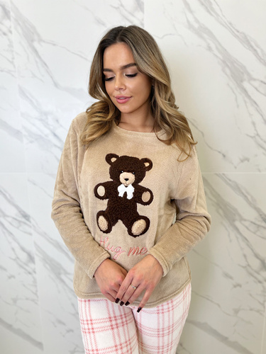 Madlen Sorbetto brązowa  – ciepła piżama polarowa z haftem i spodniami w kratkę