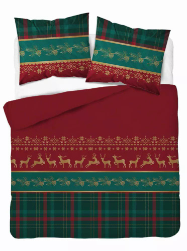 5620 B Magia Świąt Detexpol Pościel świąteczna flanelowa czerwona z reniferami i kratą– bawełna 100%, certyfikat OEKO-TEX®