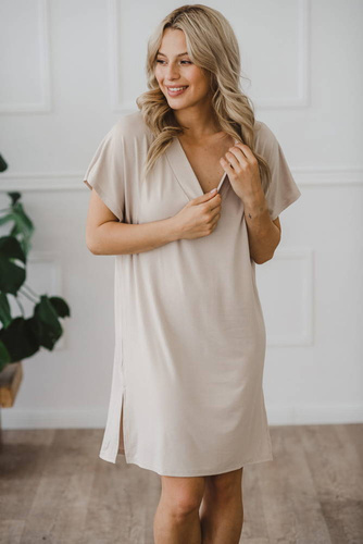 Bambusowa koszula nocna ciążowa i do karmienia Moon Milk&Love jasny beż