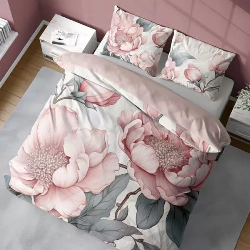 Pościel 3D z mikrofibry 5428 A Detexpol – z różowymi piwoniami i szarymi liśćmi